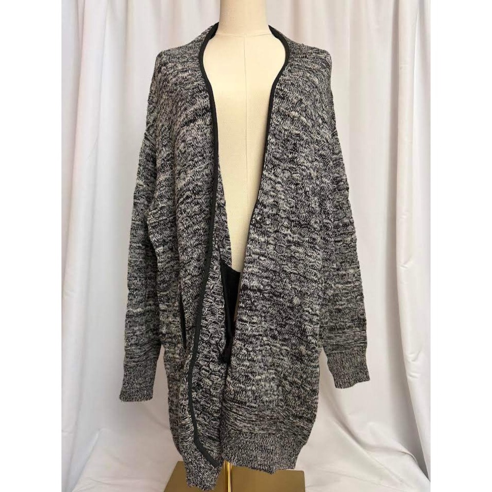 Womens Black White Marled Knit Longline Open Front Cardigan Sweater Pockets OS‎